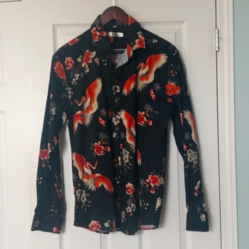 Aptro men's XL (17 neck 35 sleeve) dress shirt party Hawaiian crane floral